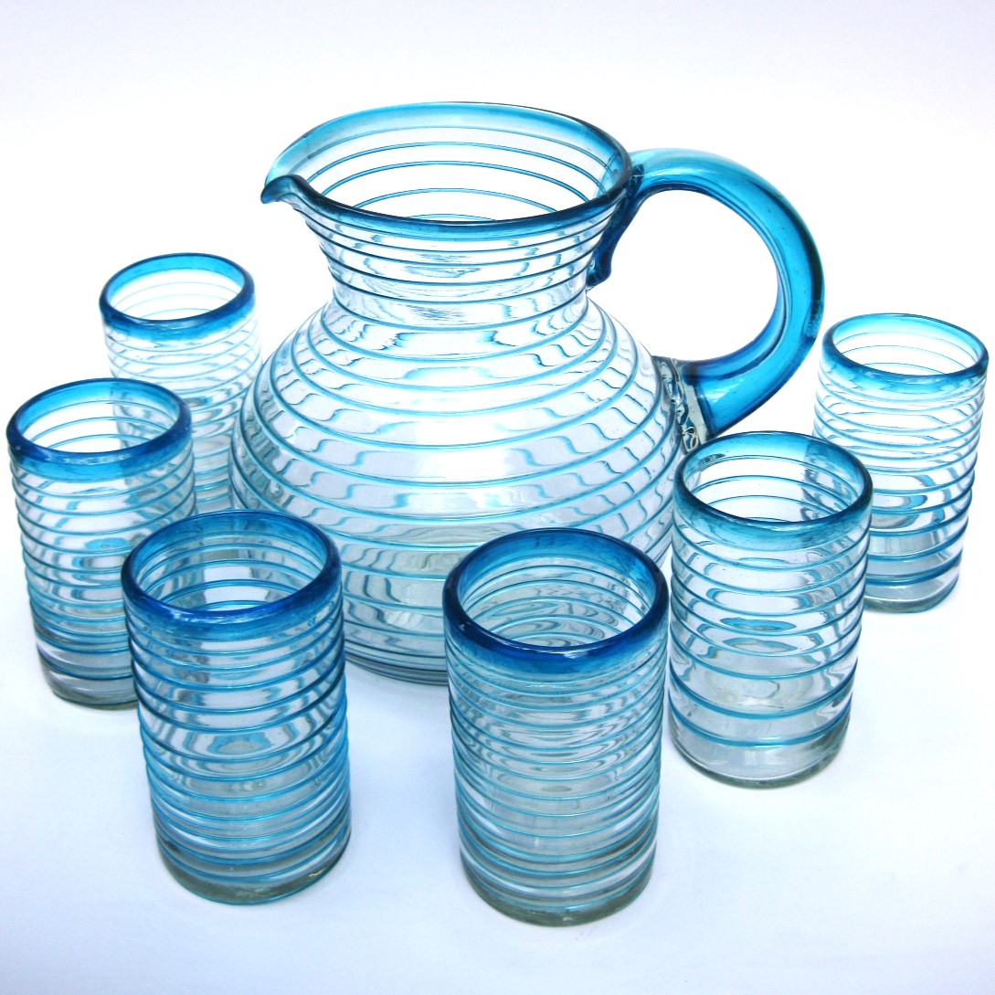 VIDRIO SOPLADO / Juego de jarra y 6 vasos grandes con espiral azul aqua, 120 oz, Vidrio Reciclado, Libre de Plomo y Toxinas